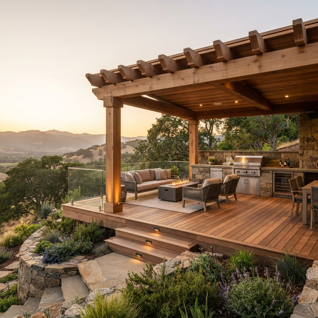 Custom cedar pergola and deck at golden hour