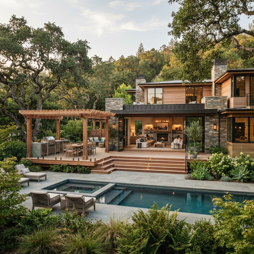 Modern Northern California home remodel with cedar deck and pergola